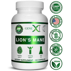 Genex Lions Mane on shelf display emphasizes health-forward nootropics.