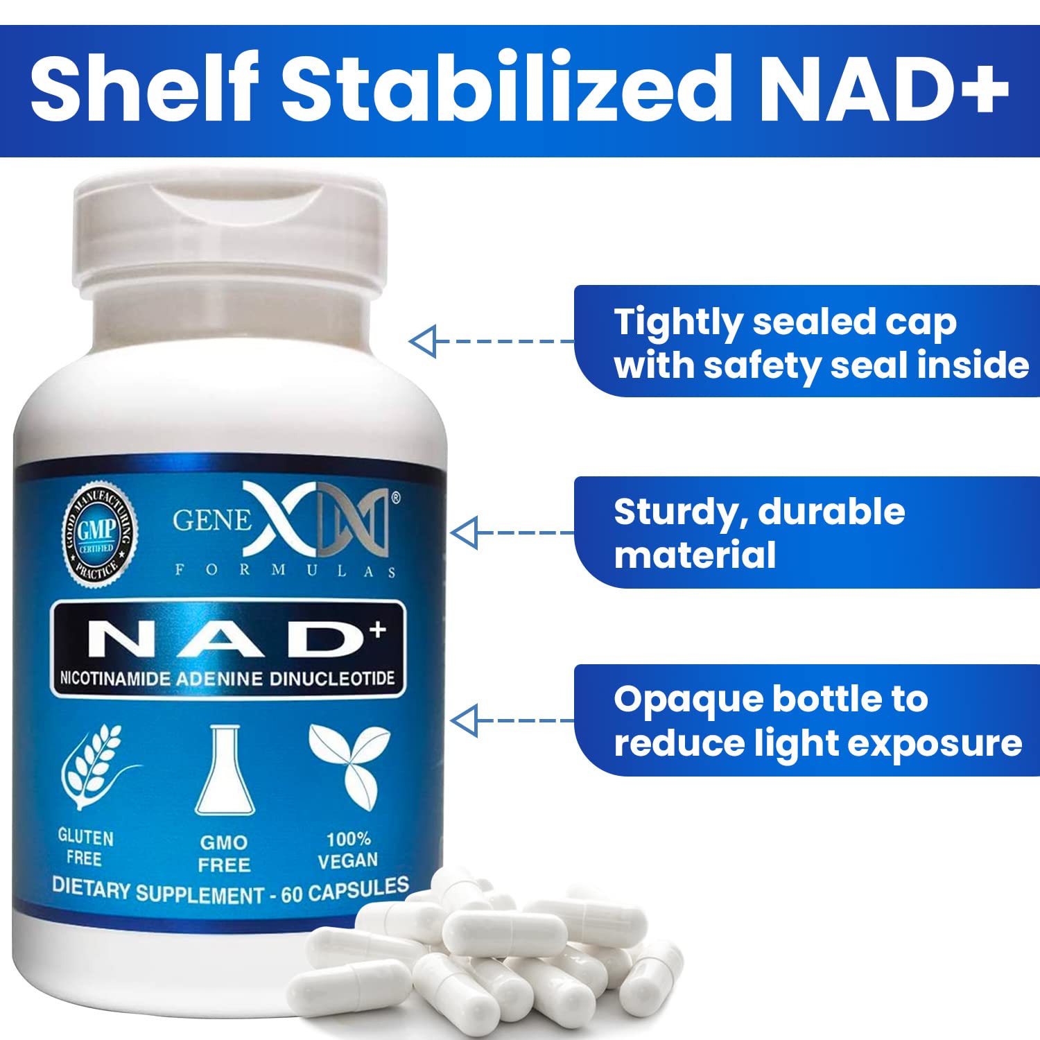 Genex NAD+ bottle close-up highlights premium design.