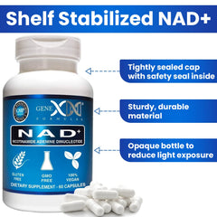 Genex NAD+ bottle close-up highlights premium design.