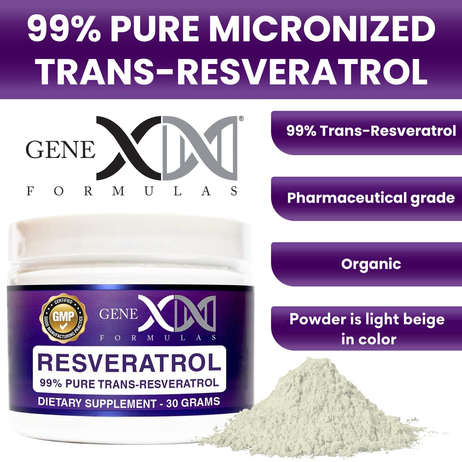 Genex Trans-Resveratrol micronized powder close-up—fine texture for blending.