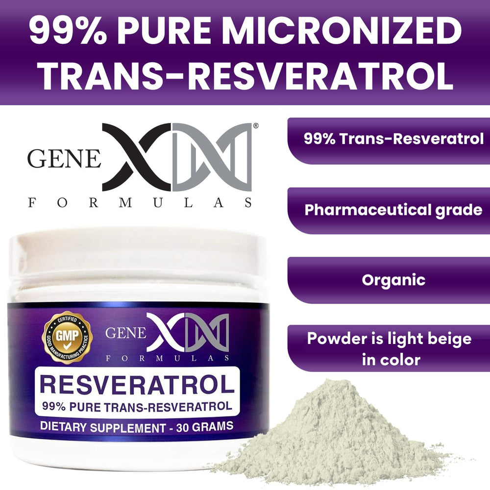 Genex Trans-Resveratrol micronized powder close-up—fine texture for blending.