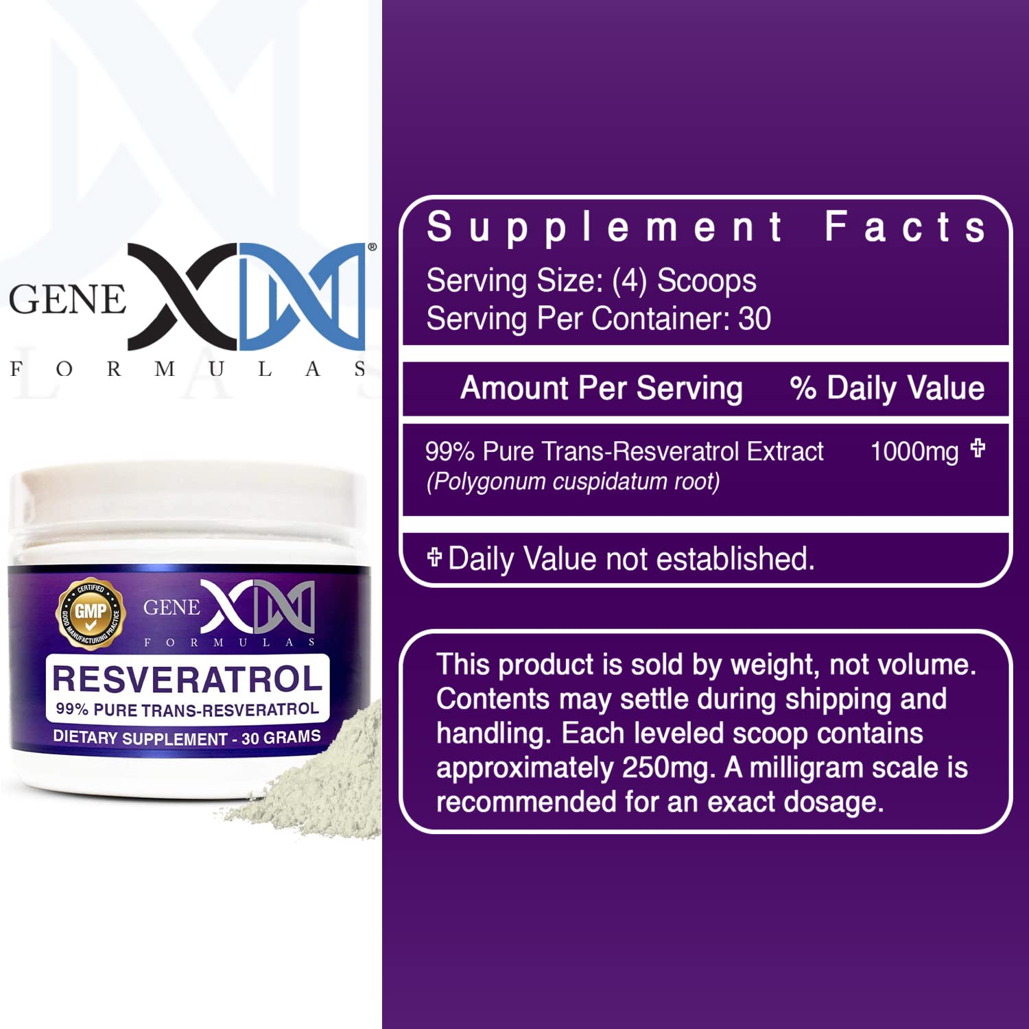 Genex Trans-Resveratrol organic formula label—organic sourcing emphasized.
