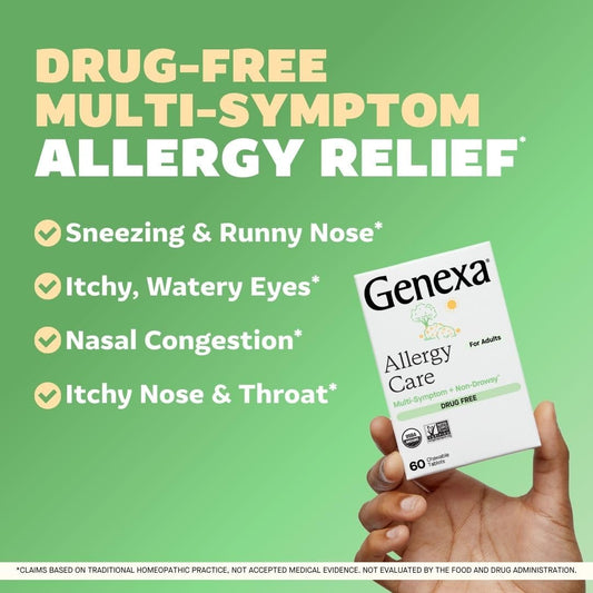 Genexa Allergy Care tablet closeup highlighting chewable form