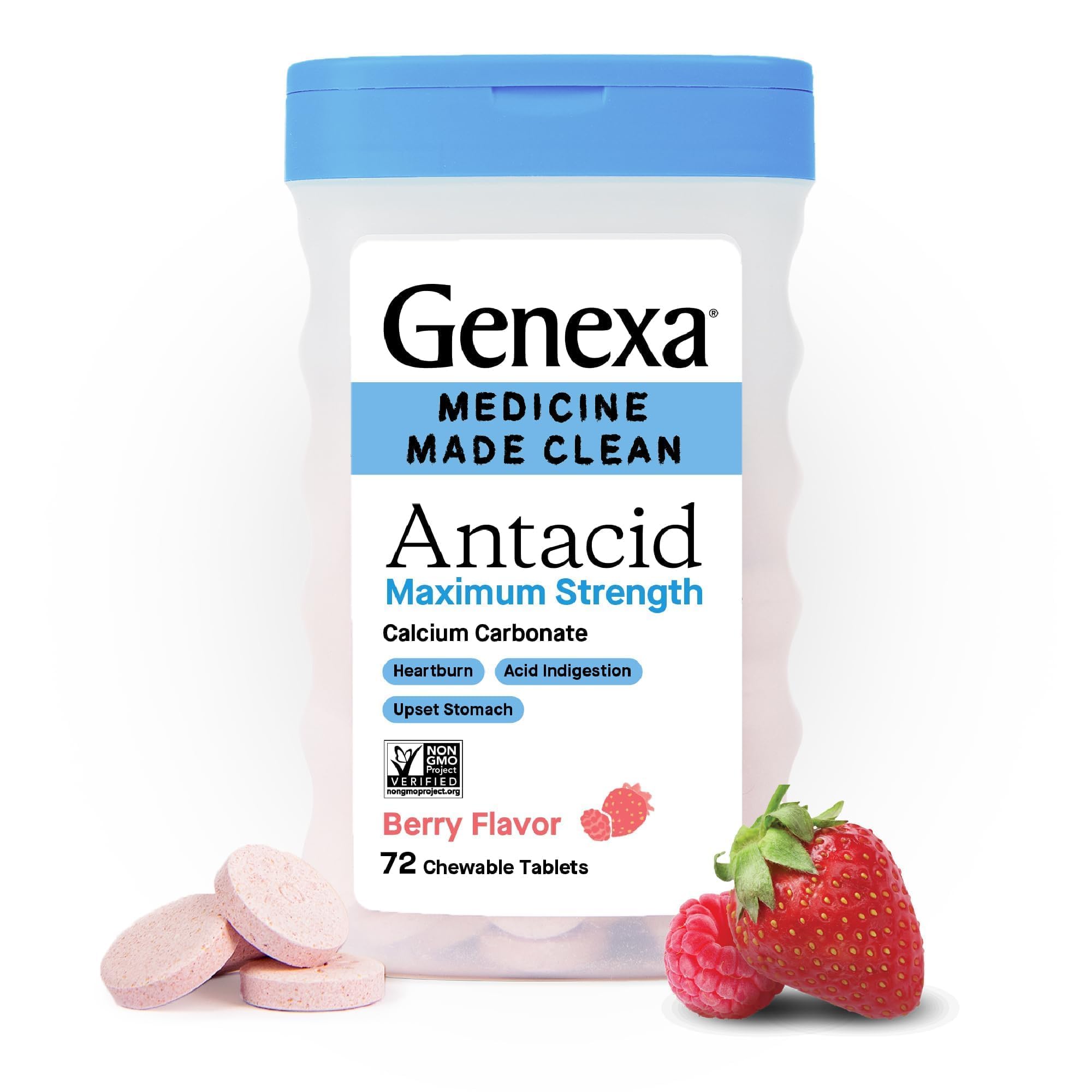 Genexa antacid maximum-strength chewables bottle front for fast heartburn relief