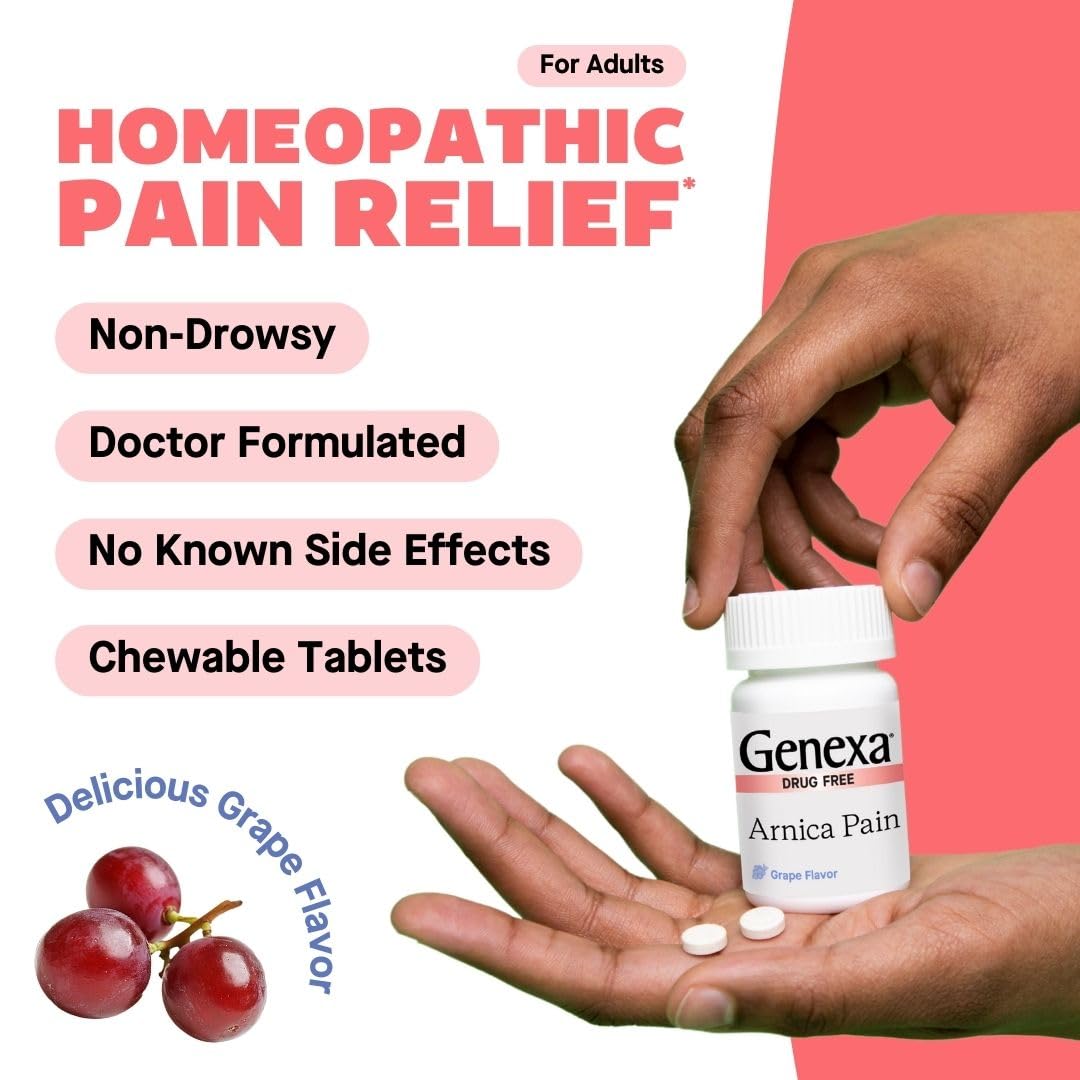 Genexa Arnica chewables on a countertop beside a first aid kit.