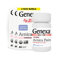 Genexa Arnica tablets bottle with grape flavor for gentle muscle relief.