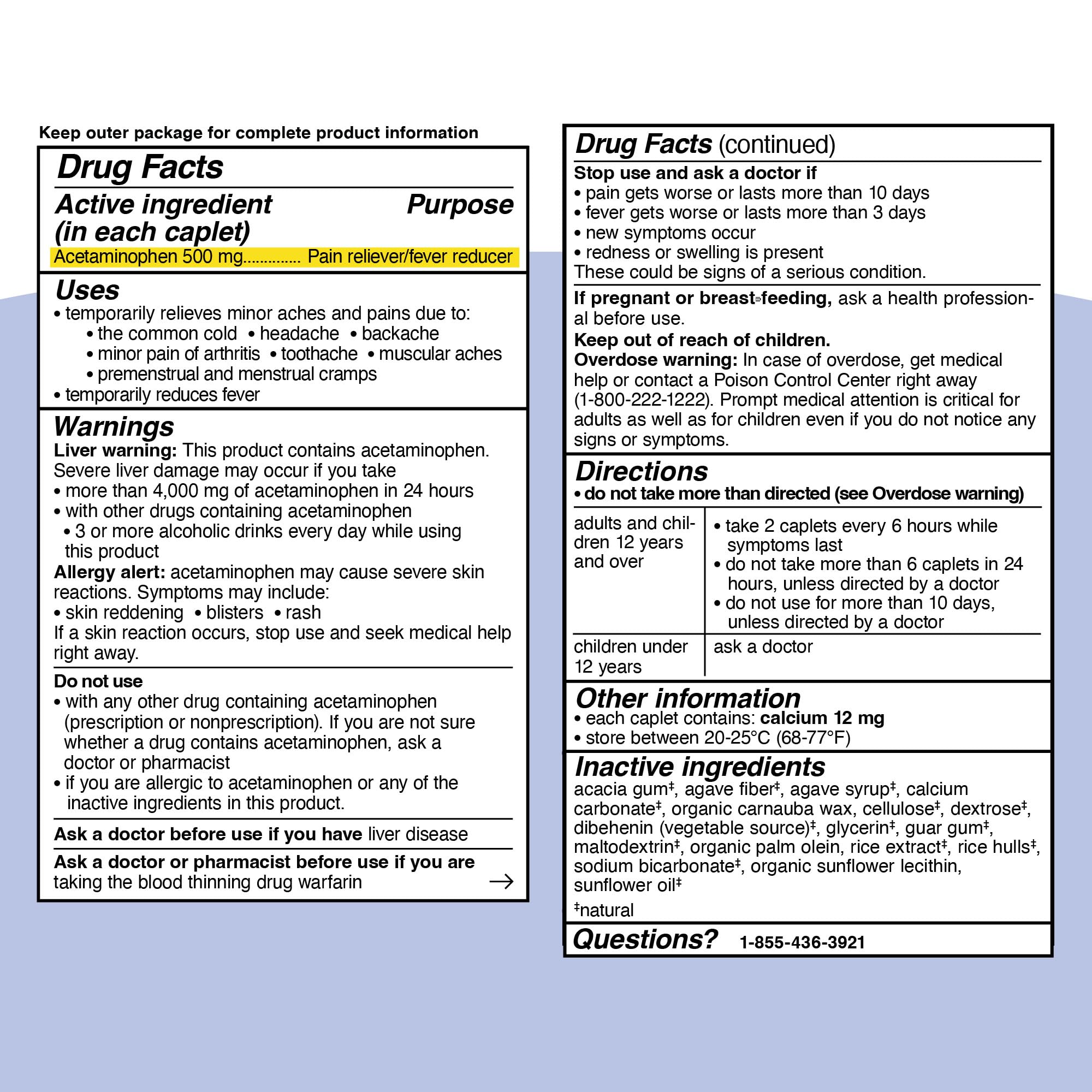 Genexa Clean Acetaminophen 500mg age-12-plus use graphic signals family-friendly relief.
