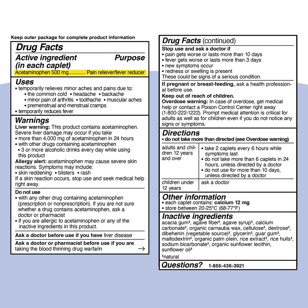 Genexa Clean Acetaminophen 500mg age-12-plus use graphic signals family-friendly relief.