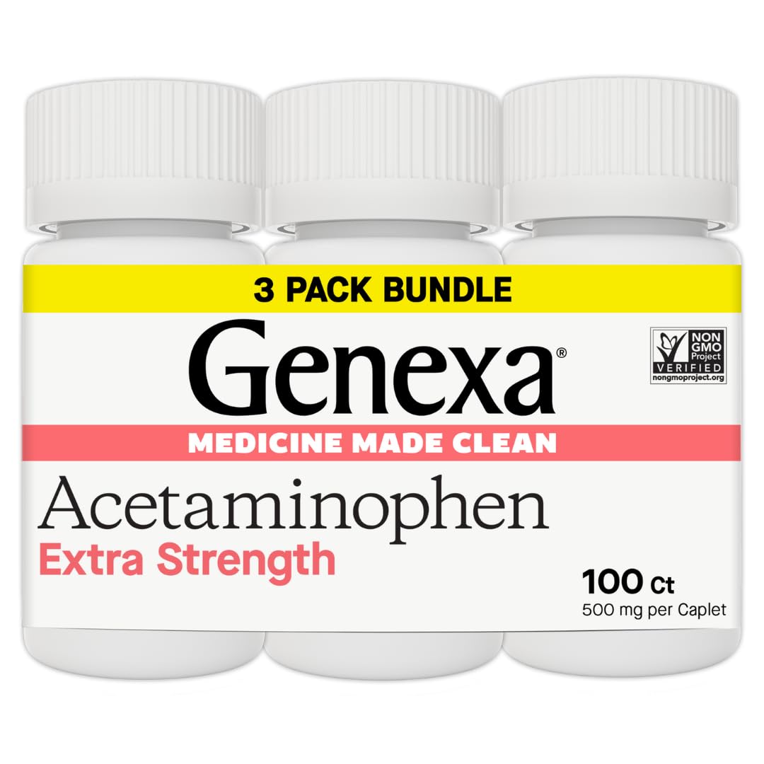 Genexa Clean Acetaminophen 500mg bottle front for adults offering dye-free pain relief.