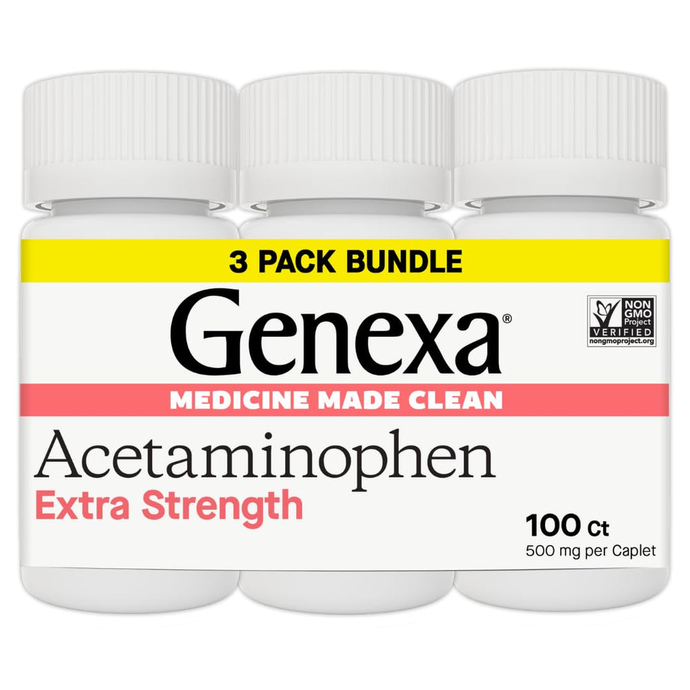 Genexa Clean Acetaminophen 500mg bottle front for adults offering dye-free pain relief.