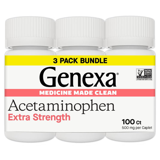 Genexa Clean Acetaminophen 500mg bottle front for adults offering dye-free pain relief.