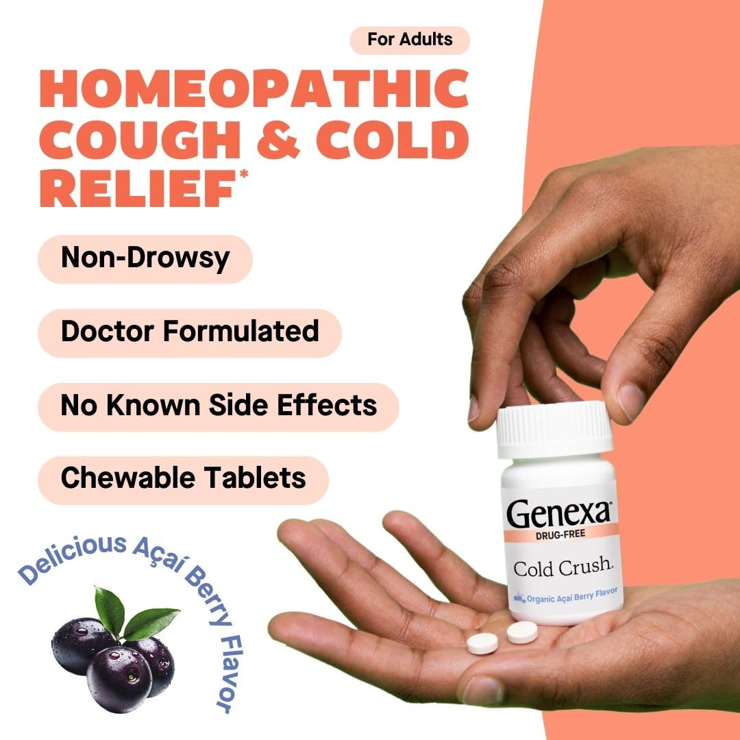Genexa Cold Crush acai-flavor tablets highlighting organic ingredients.