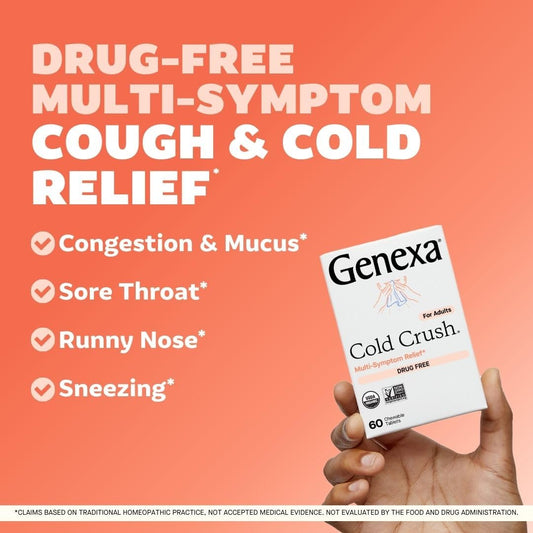 Genexa Cold Crush chewable tablets close-up with acai flavor for easy dosing.