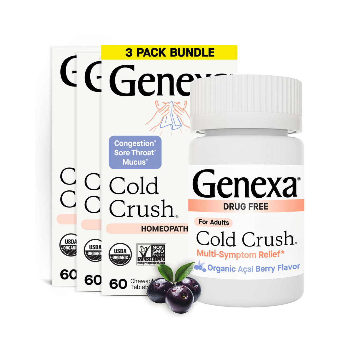 Genexa Cold Crush packaging front showing 3-pack for home and travel relief.