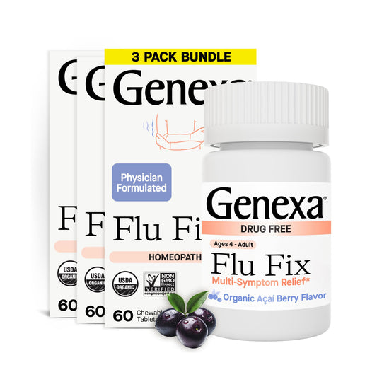 Genexa Flu Fix acai-chewable tablets are convenient for on-the-go relief.
