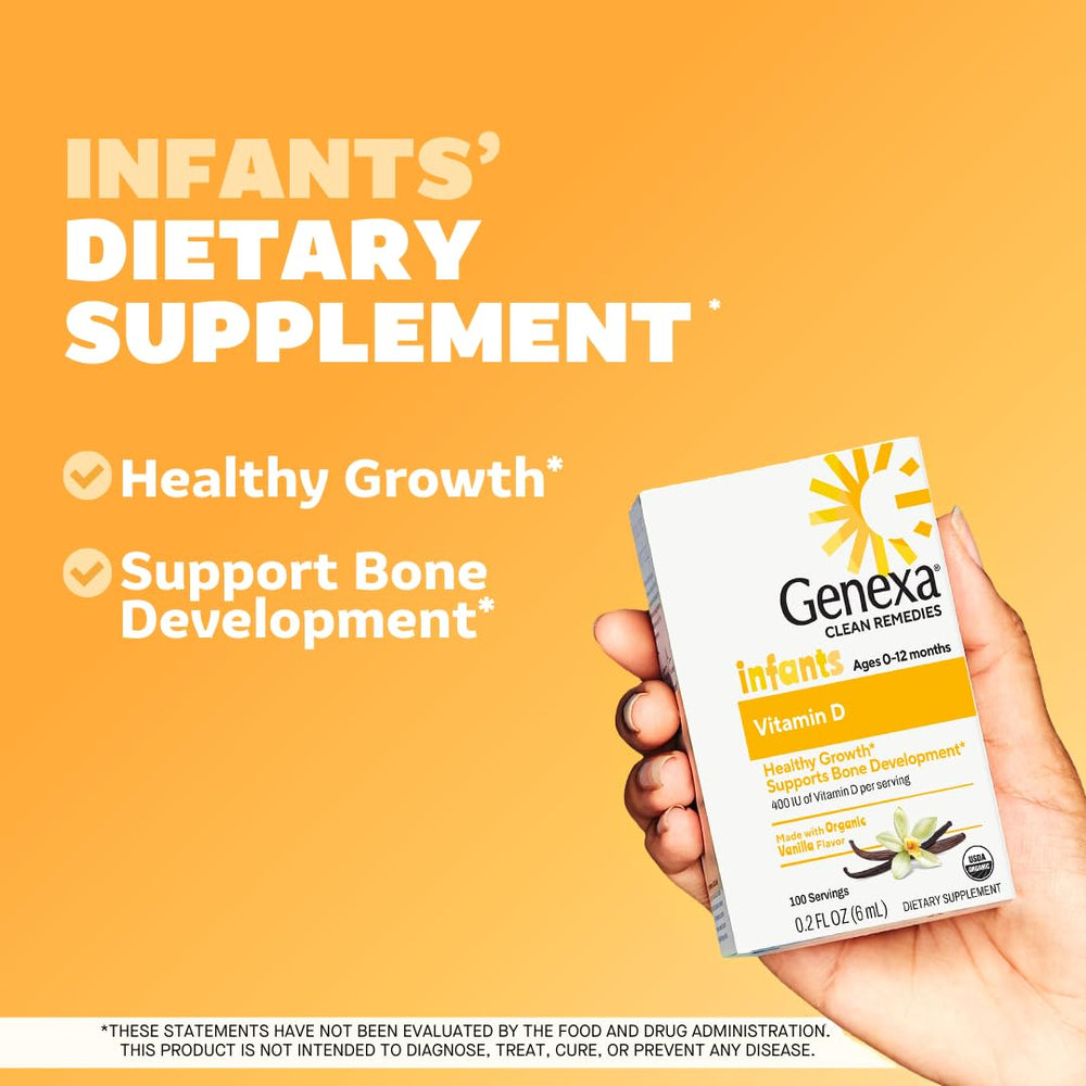 Dispensing a single drop from Genexa Vitamin D Drops dropper for precise administration.