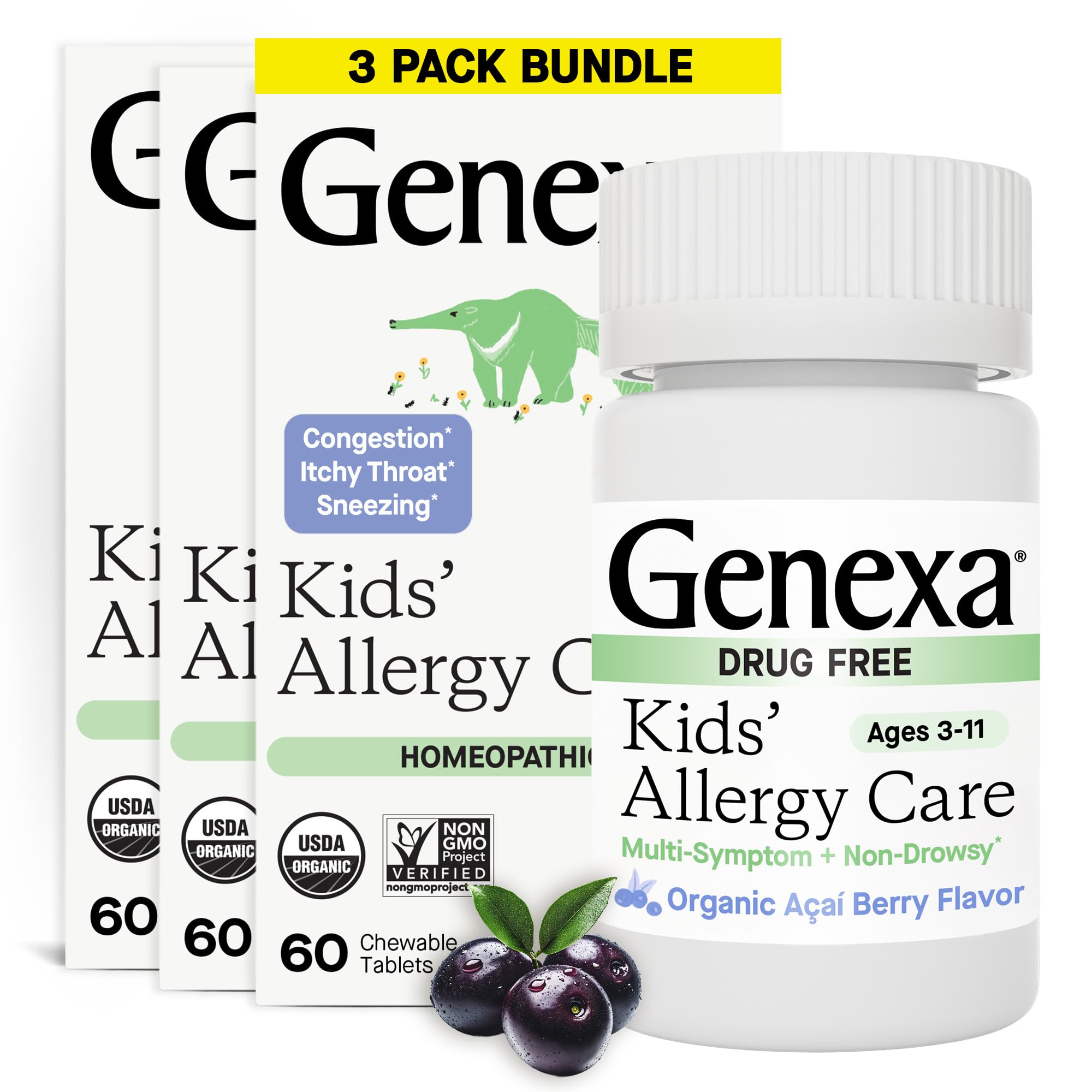 Genexa Kids Allergy Care bottle with acai berry flavor for drug-free relief