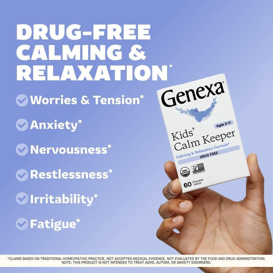 Close-up of Genexa Calm Keeper chewables showing kid-friendly form.