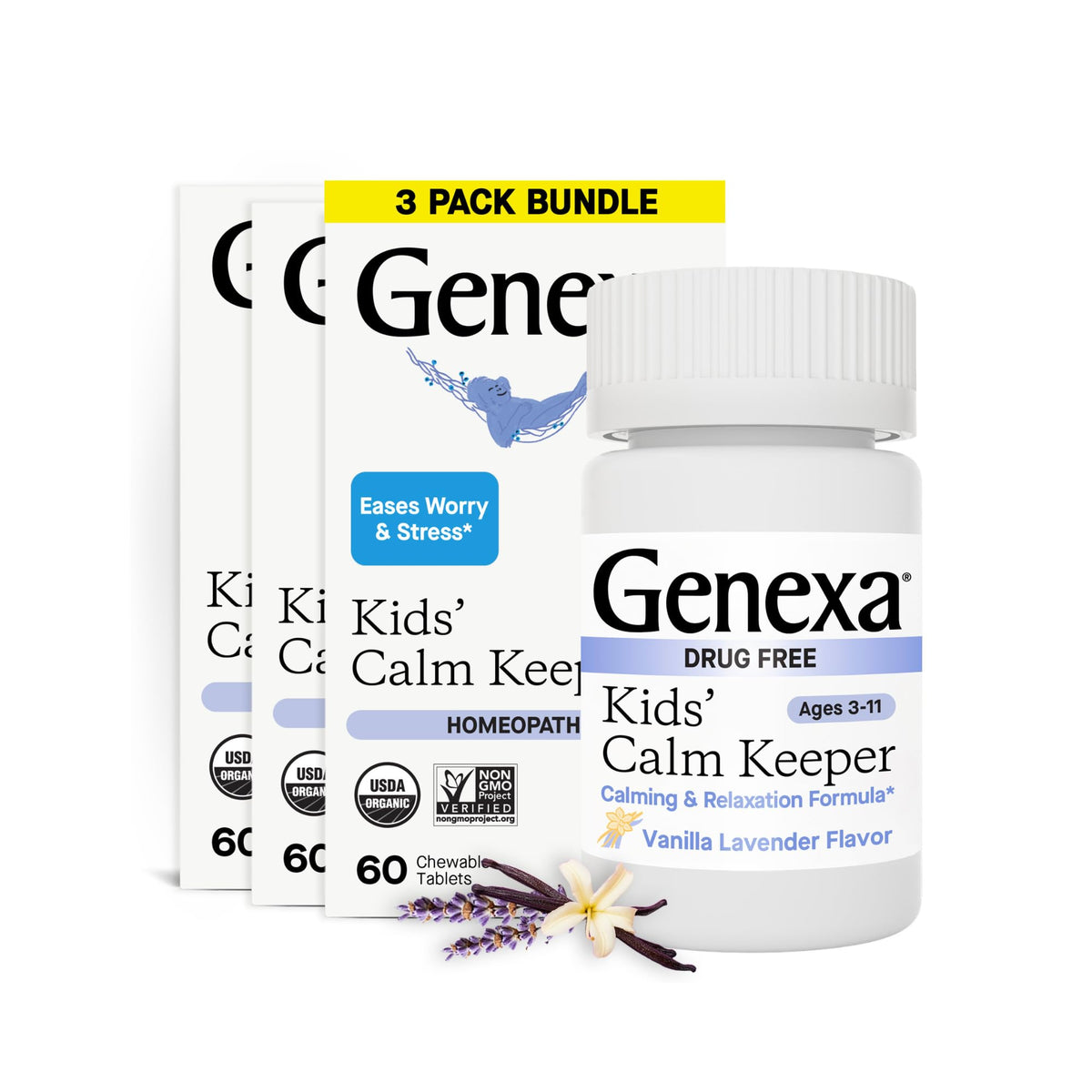 Genexa Kid's Calm Keeper bottle with vanilla-lavender flavor for gentle calm.