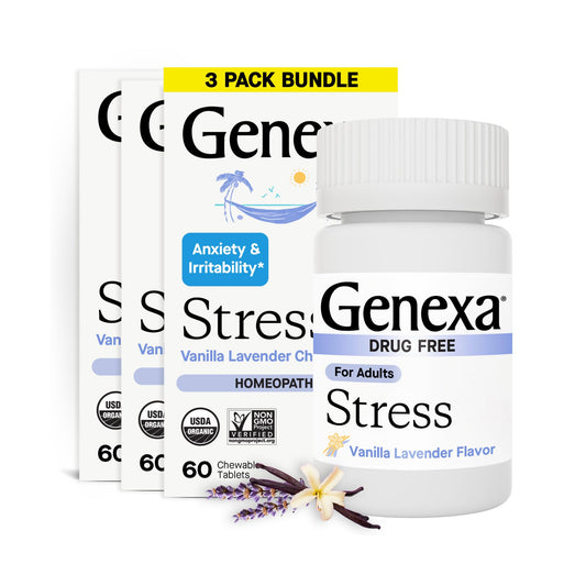Genexa Stress adults chewables in vanilla-lavender flavor for calm support.