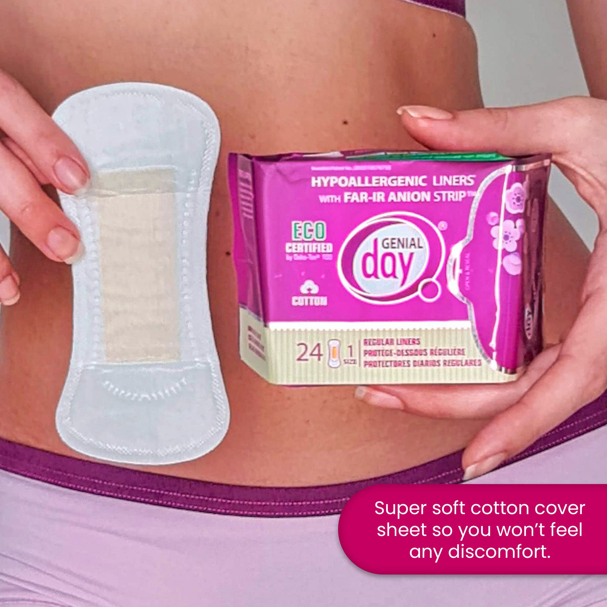 Genial Day anion-strip liner highlighting technology for soothing comfort.
