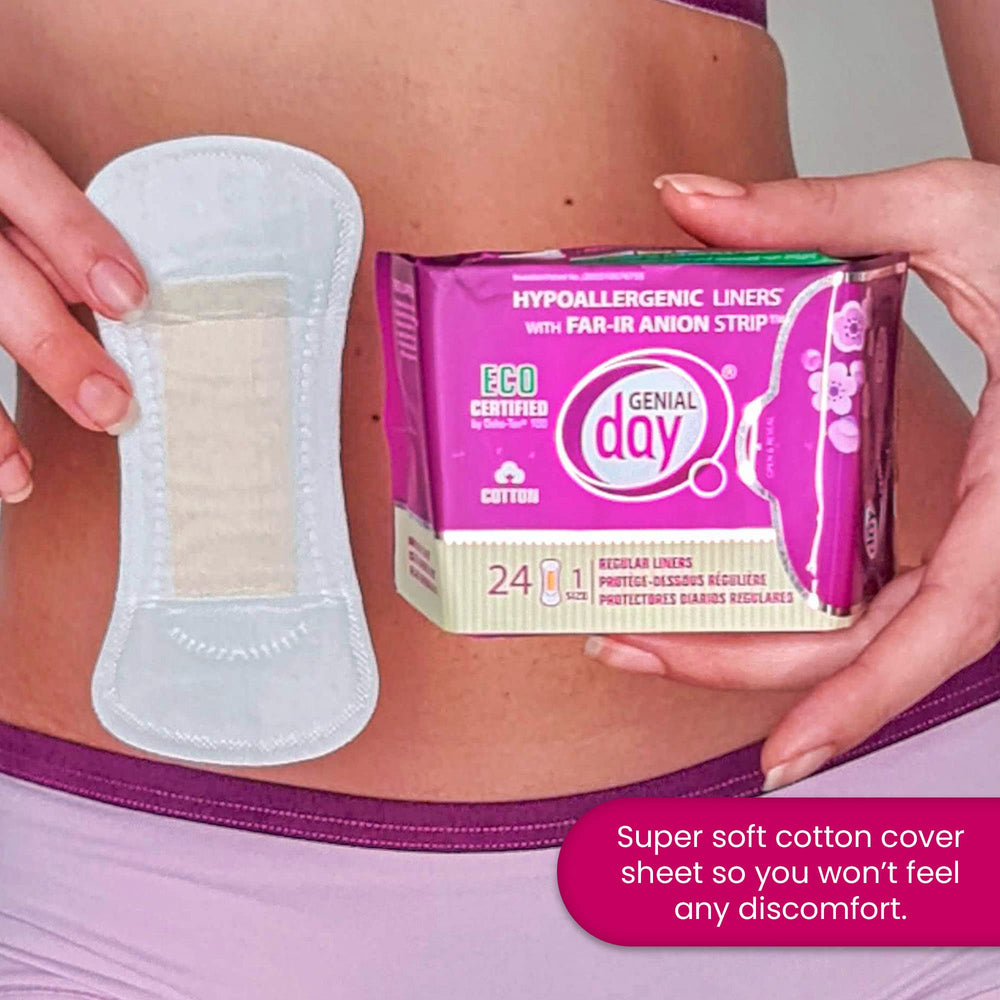 Genial Day anion-strip liner highlighting technology for soothing comfort.