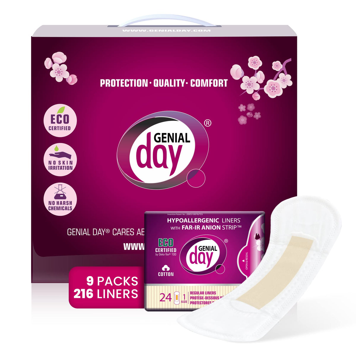 Genial Day cotton panty liner for soft comfort and daily freshness.