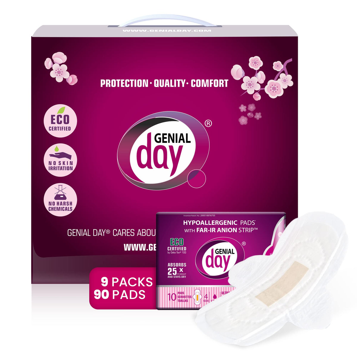 GENIAL DAY hypoallergenic regular-flow pad with wings for daily protection.