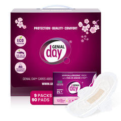 GENIAL DAY hypoallergenic regular-flow pad with wings for daily protection.
