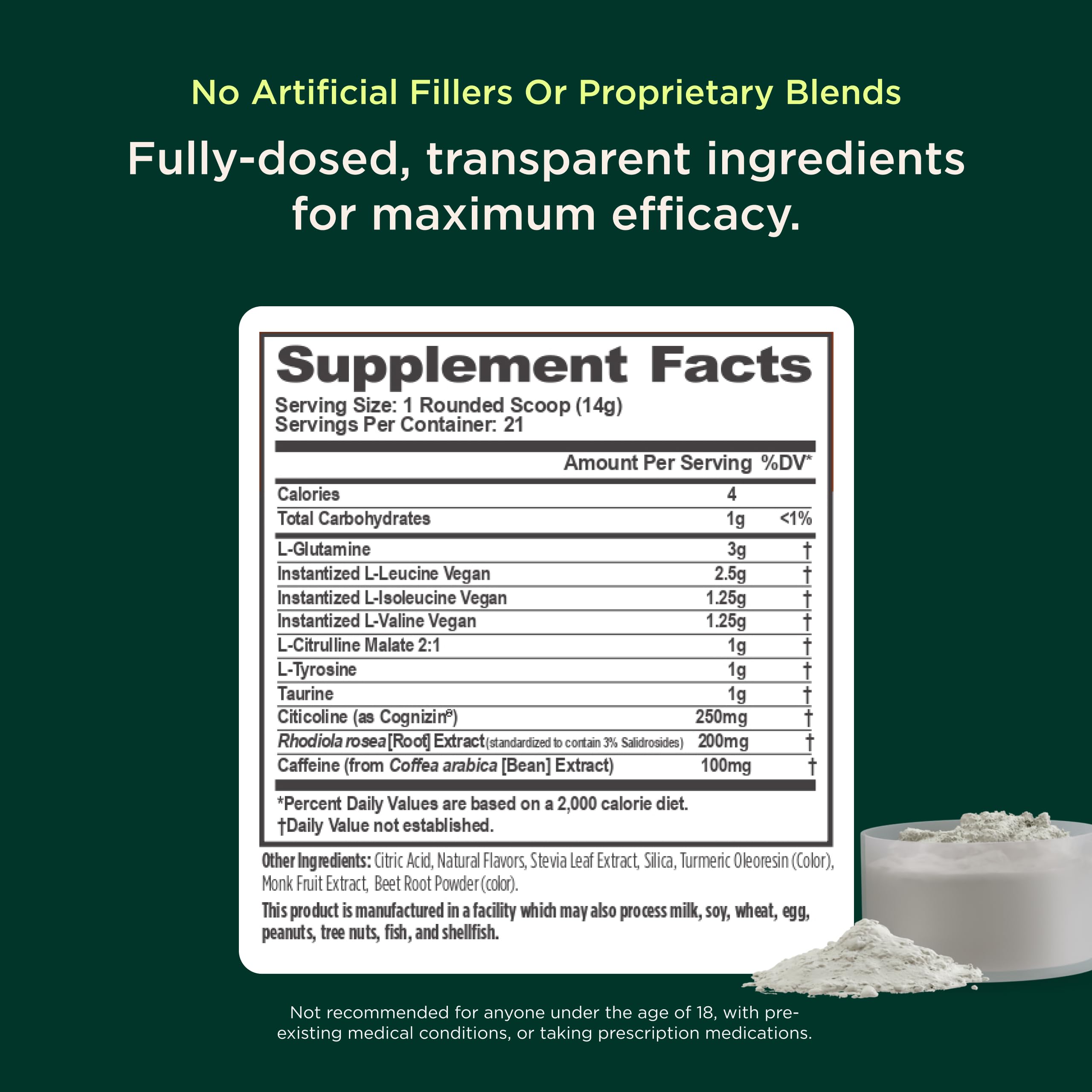 Genius Brand BCAA Powder caffeine graphic shows 100 mg clean energy.