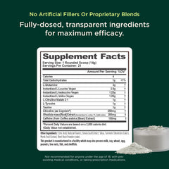 Genius Brand BCAA Powder caffeine graphic shows 100 mg clean energy.