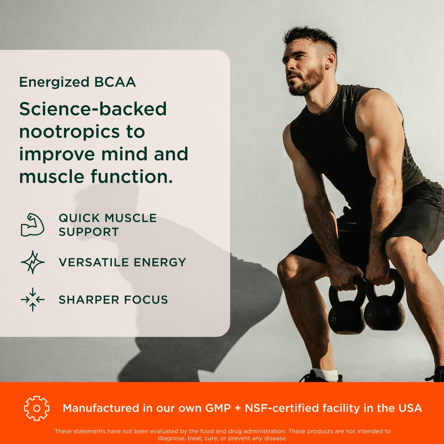 Genius Brand BCAA Powder label close-up highlighting Cognizin and Rhodiola benefits.