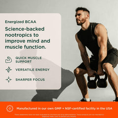 Genius Brand BCAA Powder label close-up highlighting Cognizin and Rhodiola benefits.
