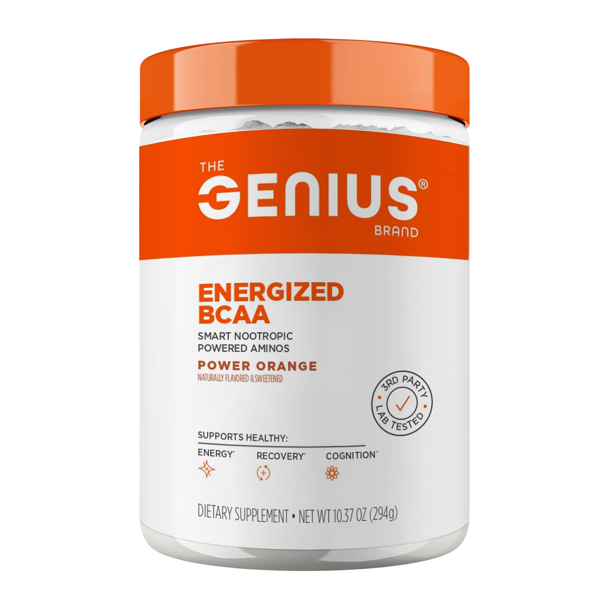 The Genius Brand BCAA Powder orange tube front for on-the-go muscle recovery.