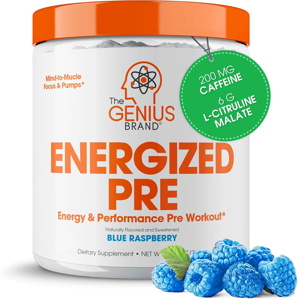 Genius Energized pre-workout blue raspberry label highlights caffeine and nootropics