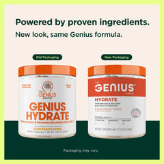 The Genius Brand Genius Hydrate powder dispense demonstrates sugar-free hydration with essential minerals.