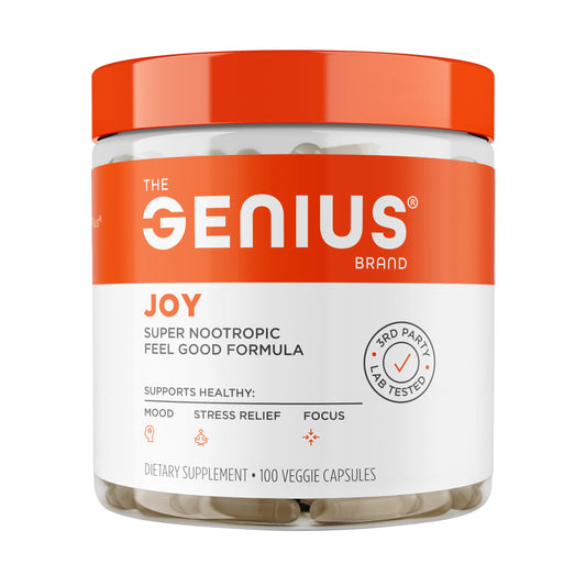 Genius Joy bottle front showing the mood-enhancing supplement packaging.