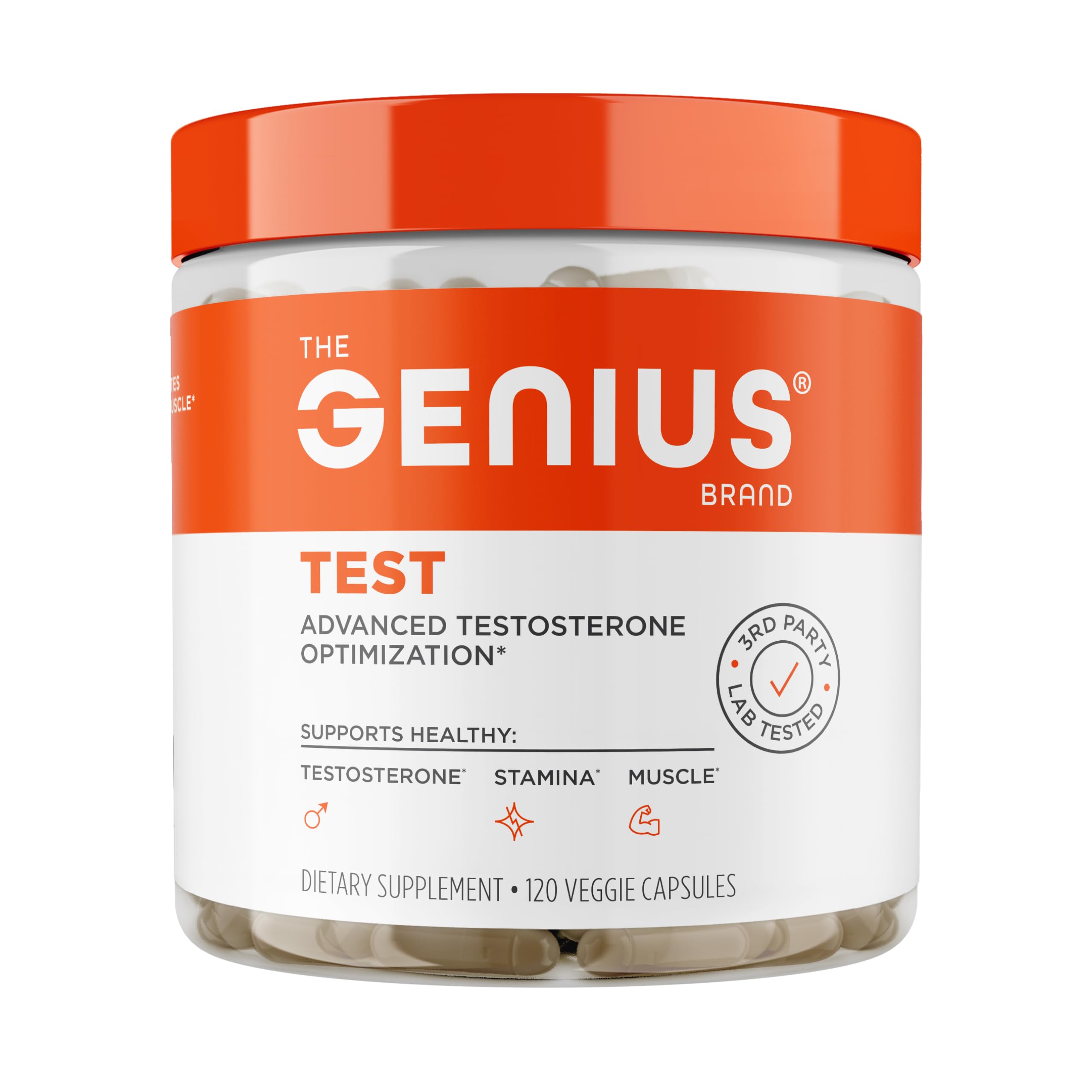The Genius Brand Genius Test bottle label highlights natural energy support.