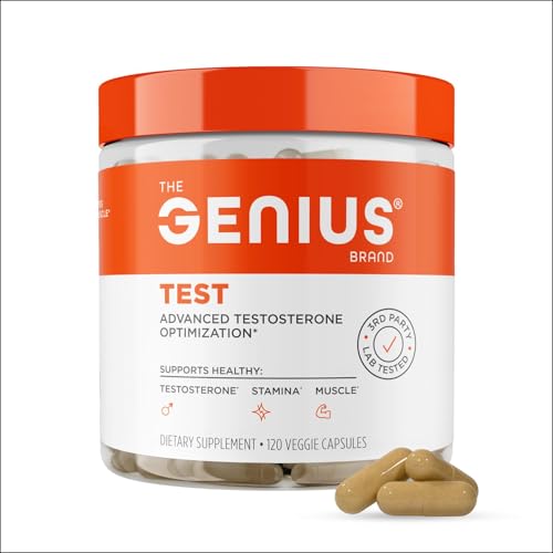 The Genius Brand Genius Test capsules close-up show herbal ingredients.