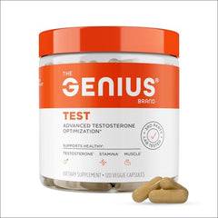 The Genius Brand Genius Test capsules close-up show herbal ingredients.