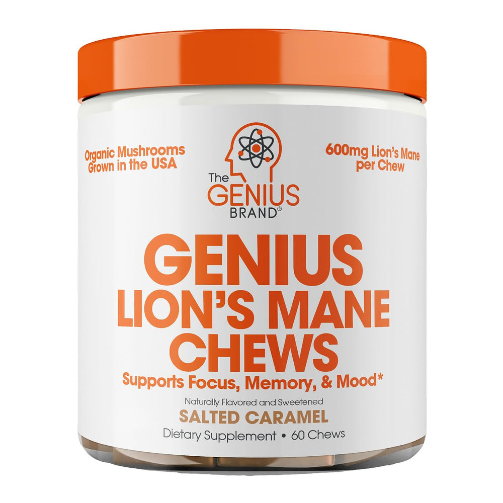 The Genius Brand Lion's Mane soft chews packaging showing salted caramel flavor for daily focus