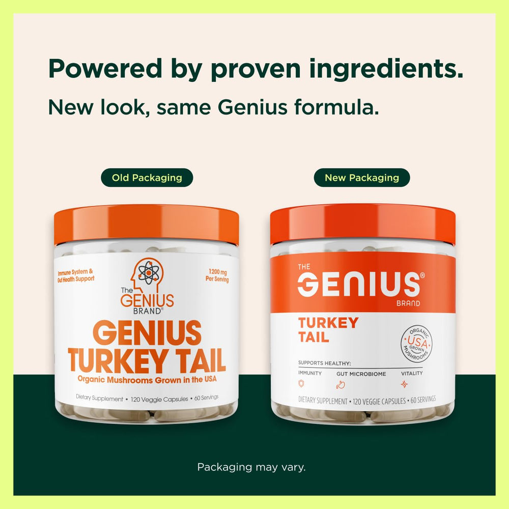 Genius Turkey Tail mushrooms in organic form emphasize natural antioxidant potential.