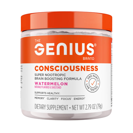 Genius Consciousness bottle full view for sustained focus during study and work.