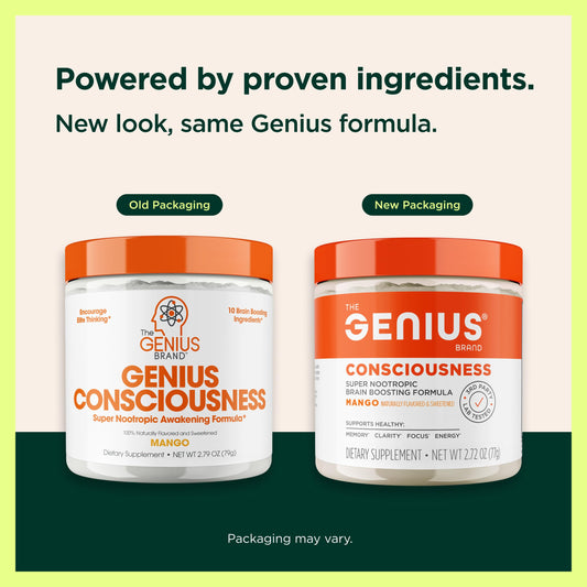 Genius Consciousness powder scoop illustrates easy portioning for steady mental clarity.