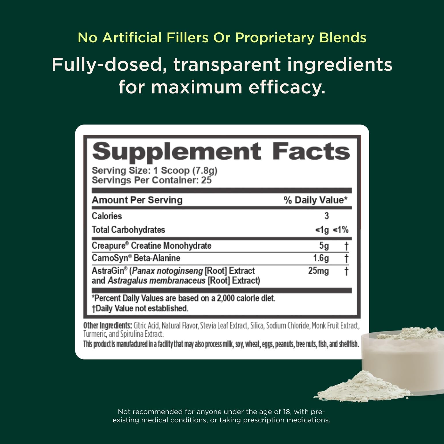 Genius Creatine label highlights 5 g per serving and premium ingredients.