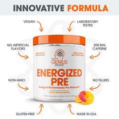 Genius Energized Pre-Workout bottle-top close-up signals easy opening before workouts.