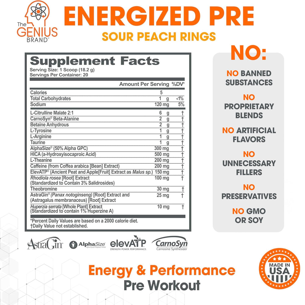 Genius Energized Pre-Workout label close-up emphasizes caffeine and nootropic blend for focus.