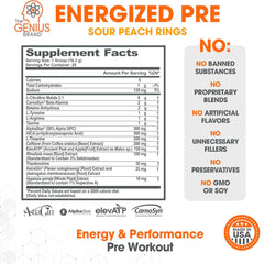 Genius Energized Pre-Workout label close-up emphasizes caffeine and nootropic blend for focus.