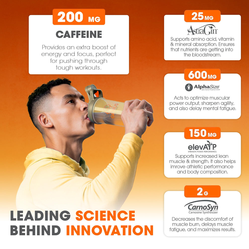 Genius Energized Pre-Workout scoop-dispense shows easy-to-measure servings for consistent fueling.
