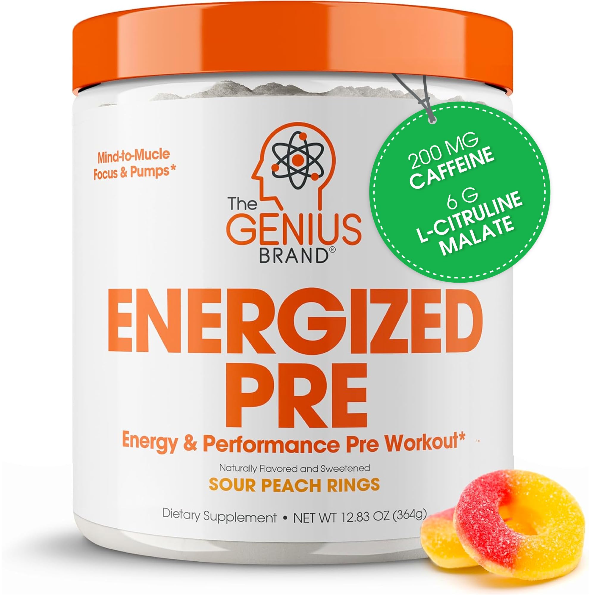 Genius Energized Pre-Workout tub front highlights energy-boosting formula for workouts.